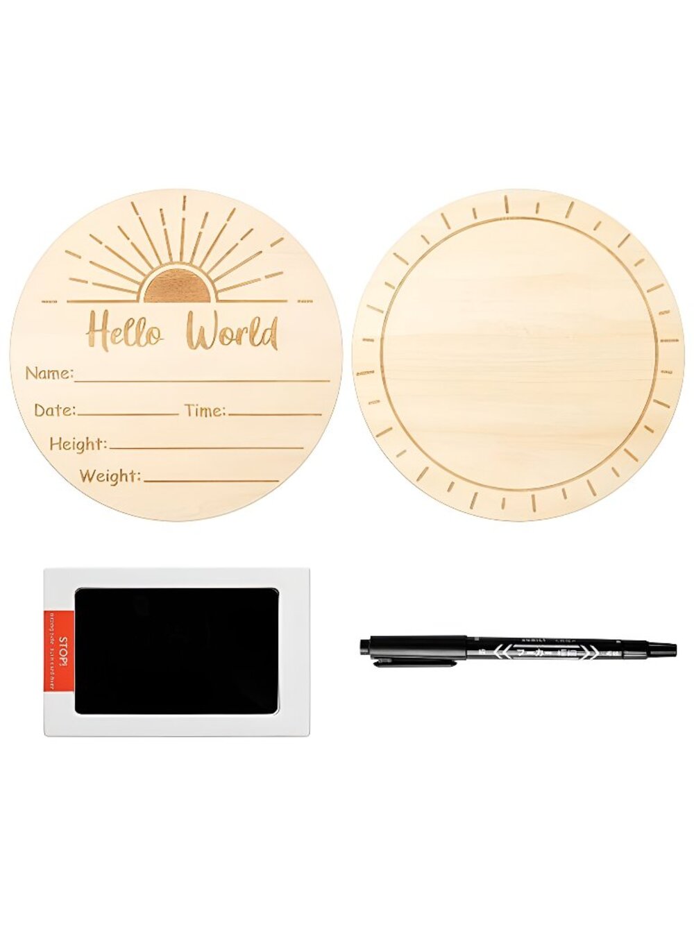 Baby Birth Announcement Sign with Marker Pen, Wooden Baby Birth Sign w/ Ink Pad